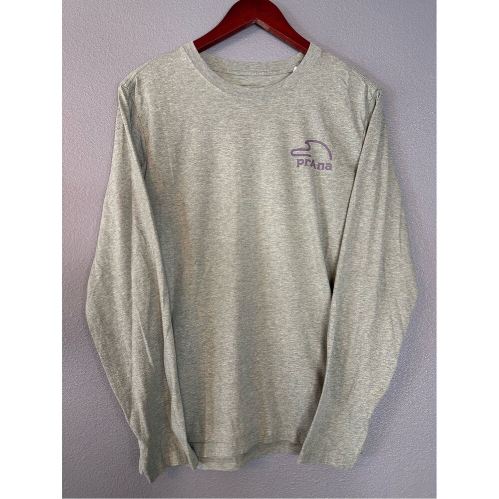 Prana Long-Sleeve Tee in Heather Sage Green with Purple Logo Size M